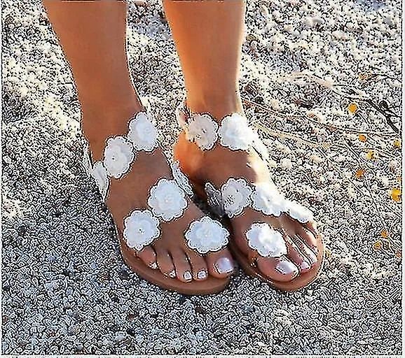 White Lace Sandals for Women, Flat Dressy Leather Sandals