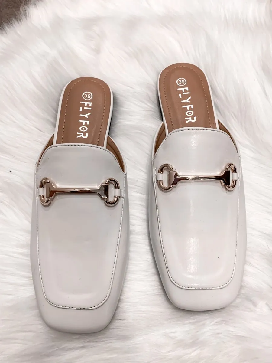 White mules with buckle