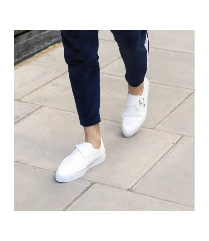 White TUK Shoes Monk Buckle Pointed Creeper Sneaker A9281