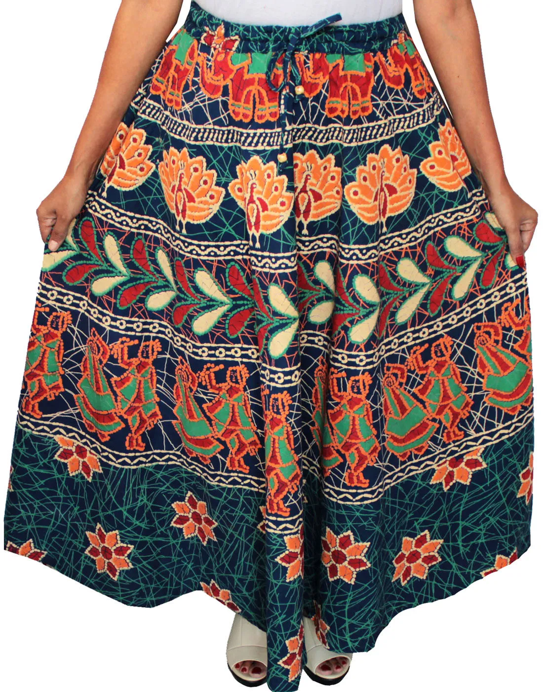 Women's Blue Batik Printed Cotton Long Skirt - Indian Clothing