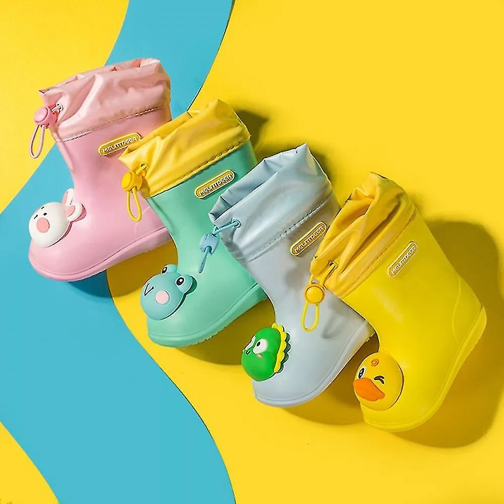 Yellow children's cartoon waterproof rain boots, fashion classic baby water shoes with rabbit and frog dolls for boys and girls.