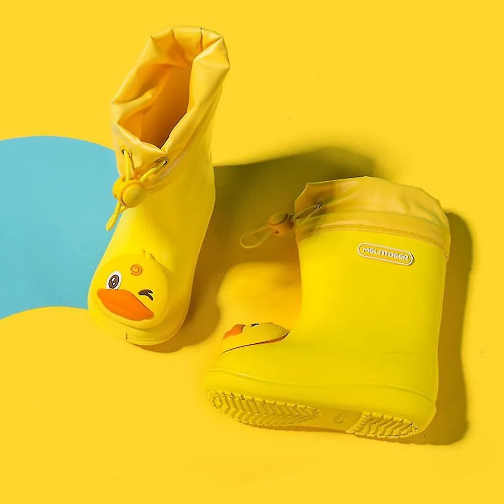 Yellow children's cartoon waterproof rain boots, fashion classic baby water shoes with rabbit and frog dolls for boys and girls.