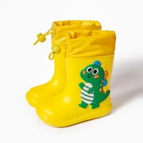 yellow dinosaur rain boots, unicorn dinosaur rain shoes, kids lace-up rain boots, eva soft waterproof shoes, non-slip rain boots